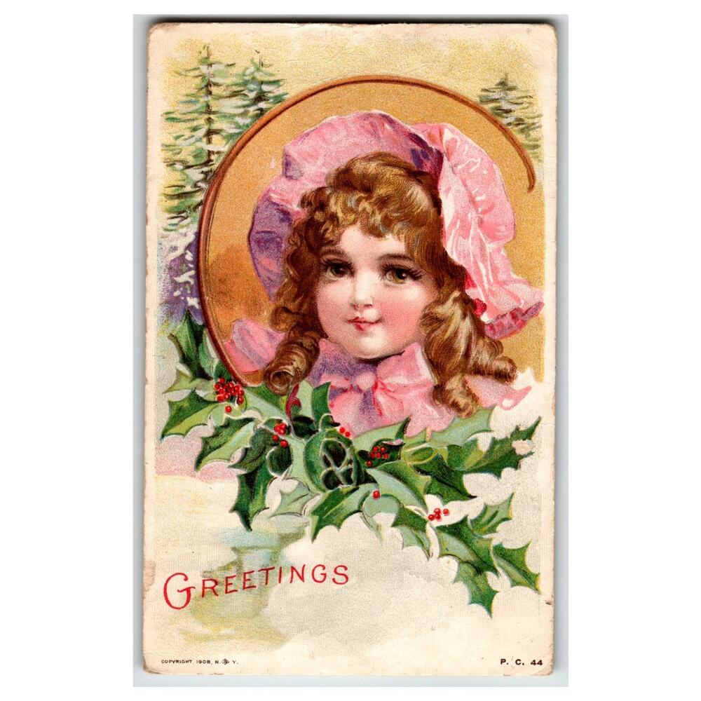 1908 Christmas Postcard Pretty Girl Pink Bonnet Holly Berries IRRIGON OR
